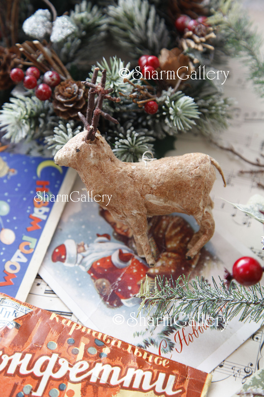 Антикварная елочная игрушка из ваты "Олень". СССР