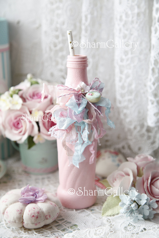 Стеклянная бутылка "Pink&Mint" в "шебби стиле" + тыковка - игольница.