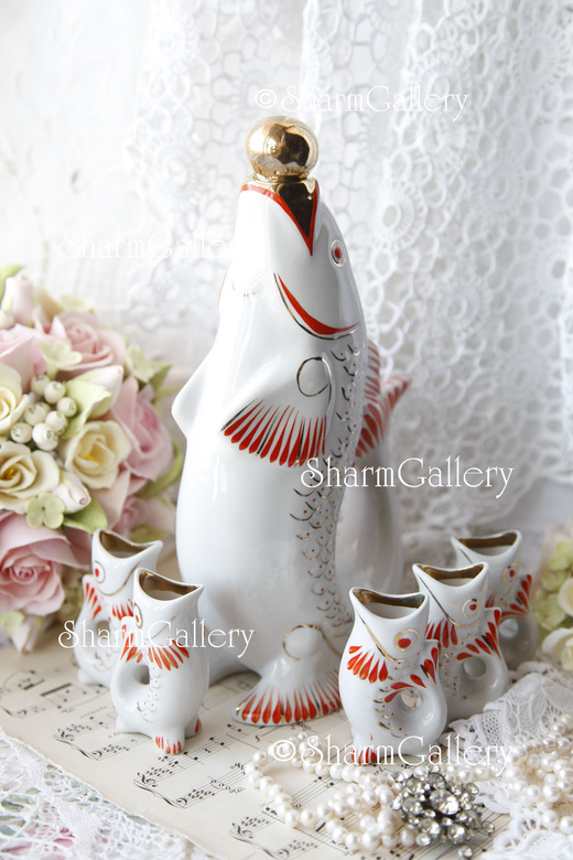 Набор для крепких напитков Рыбки «Семейство карпов» фарфор Полонне, СССР.