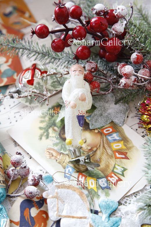 Старик с неводом. Золотая рыбка. Елочная игрушка на прищепке. СССР.