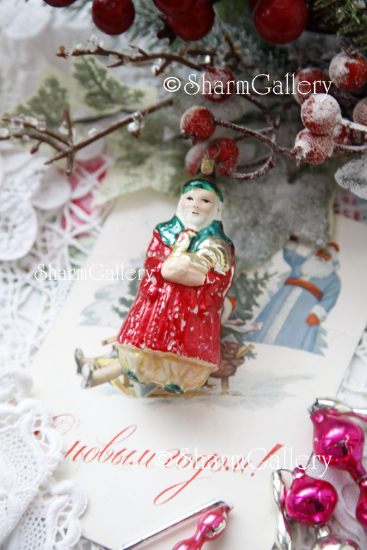 "Царь Дадон с петушком" Антикварная елочная игрушка, стекло. СССР.