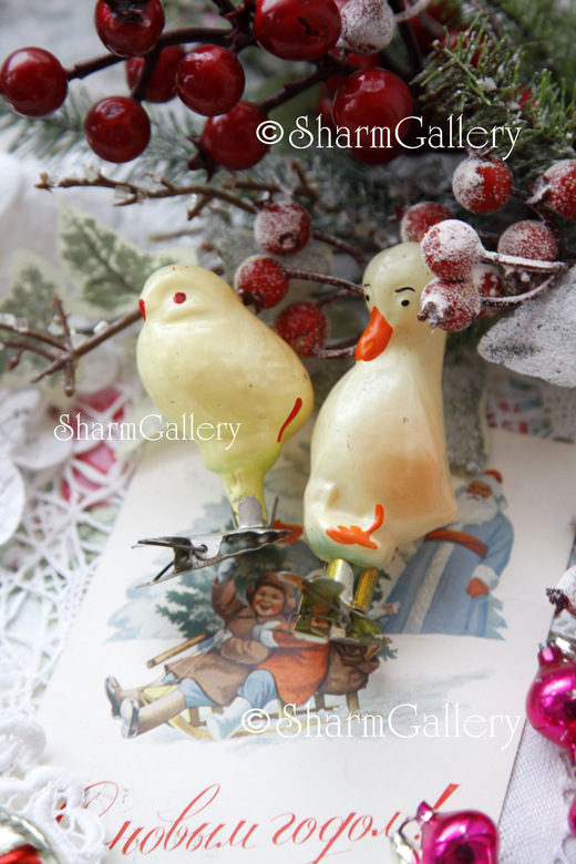 "Цыпленок и утенок". Елочные игрушки на прищепке, СССР.