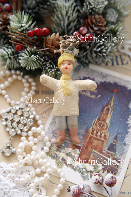 Антикварная елочная игрушка из ваты "Мальчик". СССР