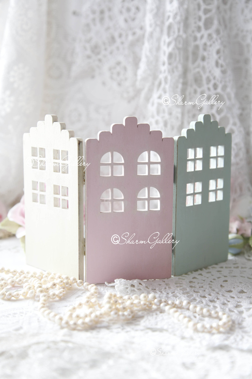 Мини ширма подсвечник - Домики, дерево.