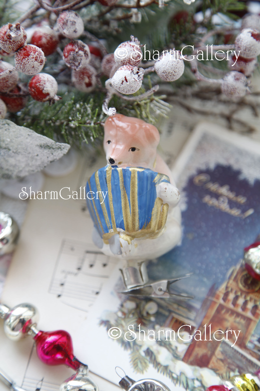 Медведь с гармошкой (гармонист) Старинная елочная игрушка на прищепке. СССР.