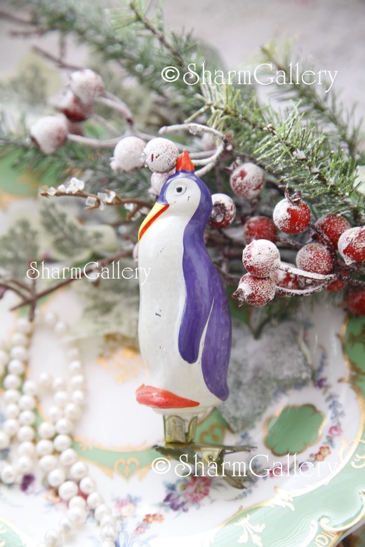 Пингвин. Елочная игрушка, стекло на прищепке, СССР.