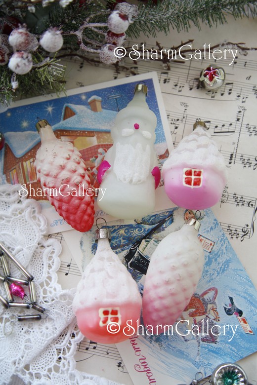 Набор №184 Матовые елочные игрушки, стекло, СССР, 5шт.