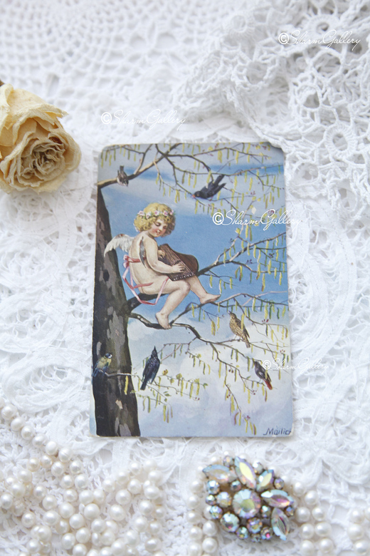 Открытка, антикварная "Ангел с лирой"