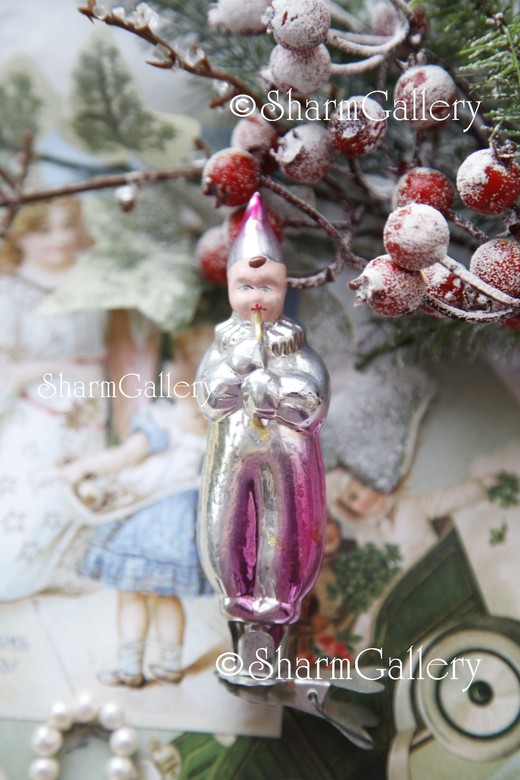 Клоун с дудочкой. №9. Елочная игрушка на прищепке, СССР.