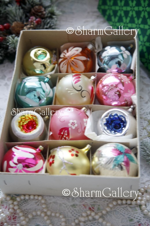 Набор елочных игрушек "Шары", в коробке. 12шт., СССР. Винтаж.