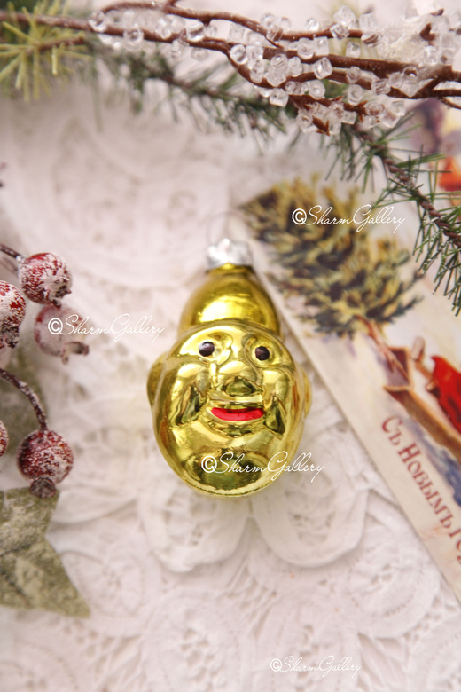 Голова клоуна (золотая). Елочная игрушка, стекло, СССР.