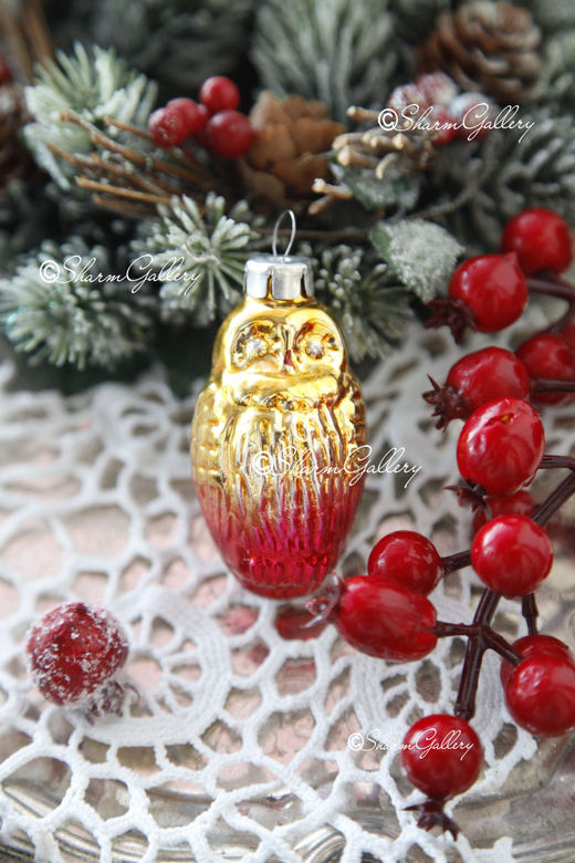 Сова. Елочная игрушка, стекло, СССР.