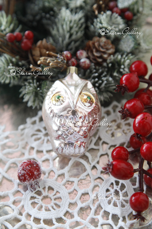 Сова (золотистая). Елочная игрушка, стекло, СССР.