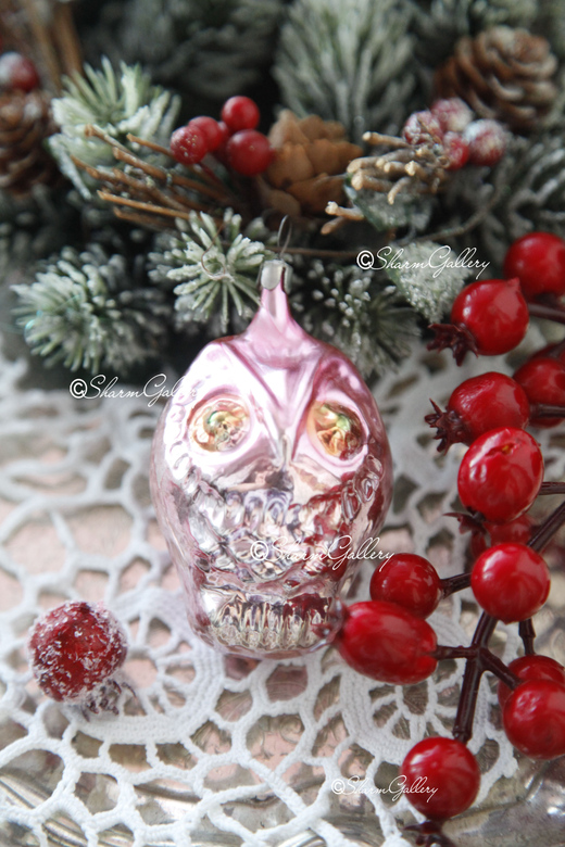 Сова (розовая). Елочная игрушка, стекло, СССР.