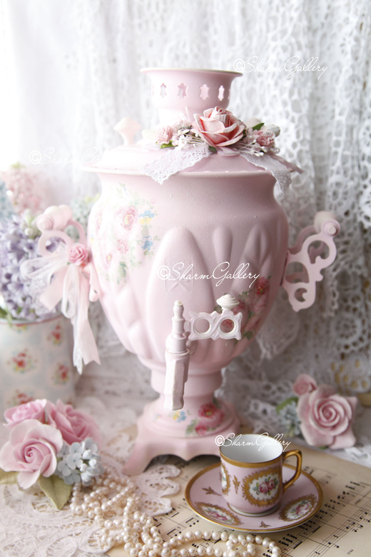 Розовый самовар, винтаж, ручная работа.