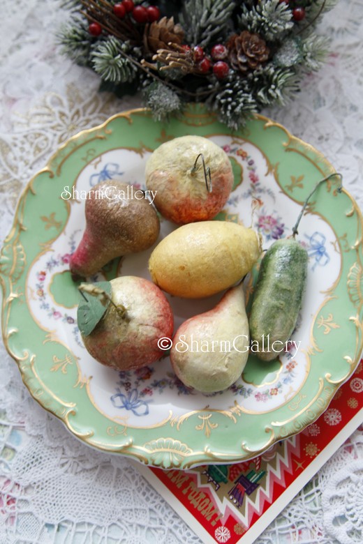 Набор антикварных елочных игрушек из ваты "Фрукты". 6шт.