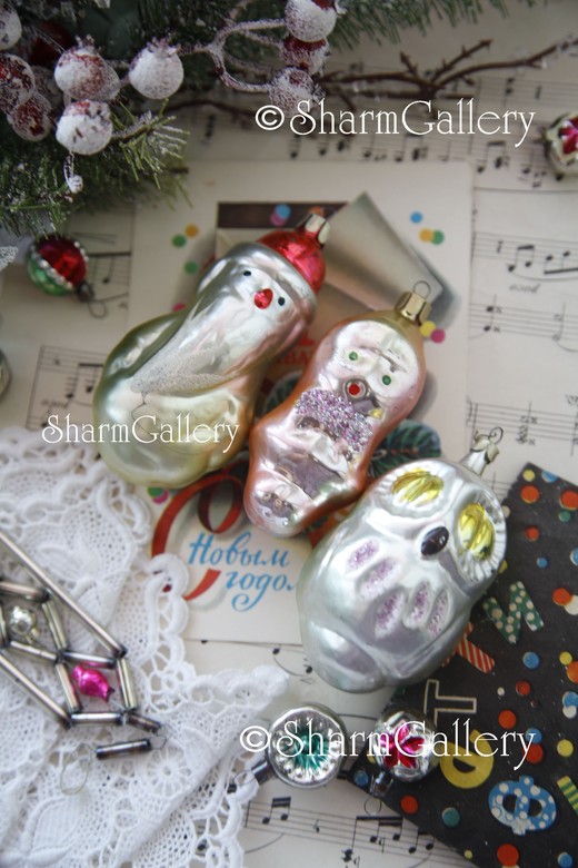 Набор винтажных елочных игрушек из 3шт. Стекло, СССР.