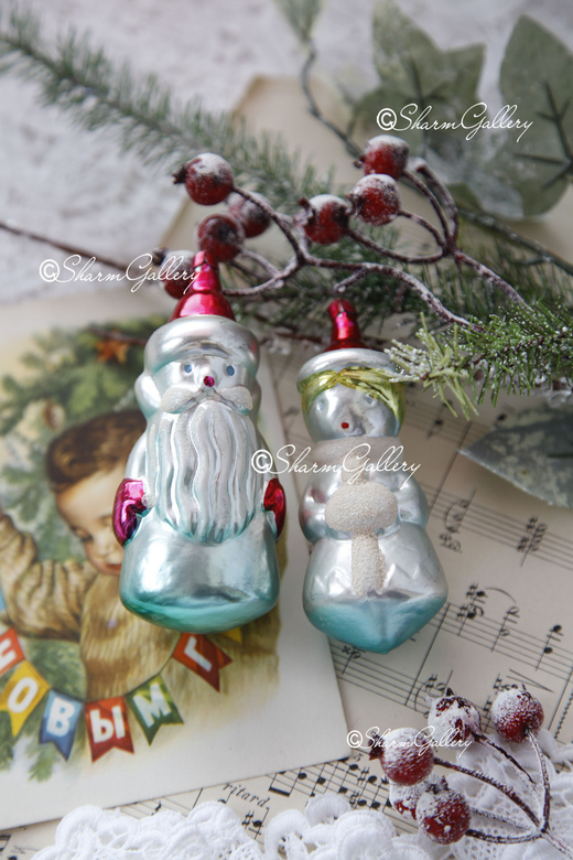 Набор Дед Мороз и Снегурочка. Елочные игрушки, СССР.