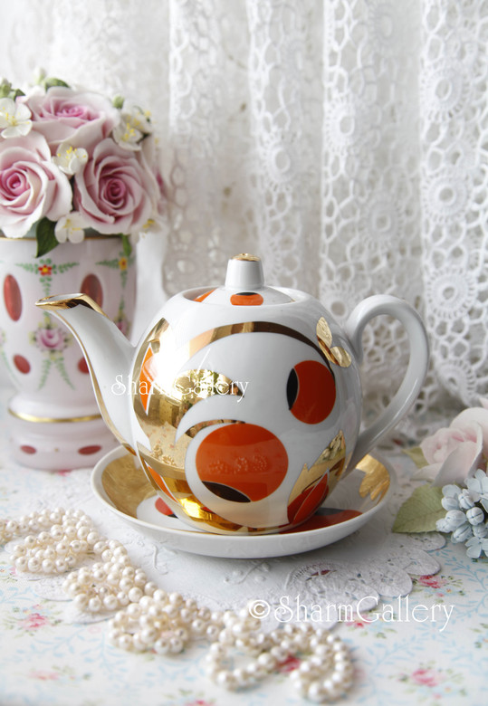 Заварочный чайник "Золотой завиток" + блюдце. Фарфор Вербилки, СССР.