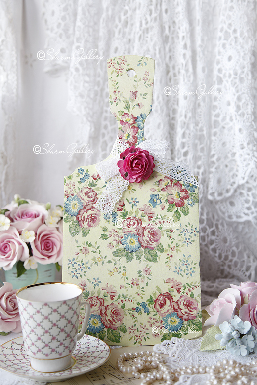 Деревянная, разделочная доска "Rose GreenGate", салатовая. Ручная работа.