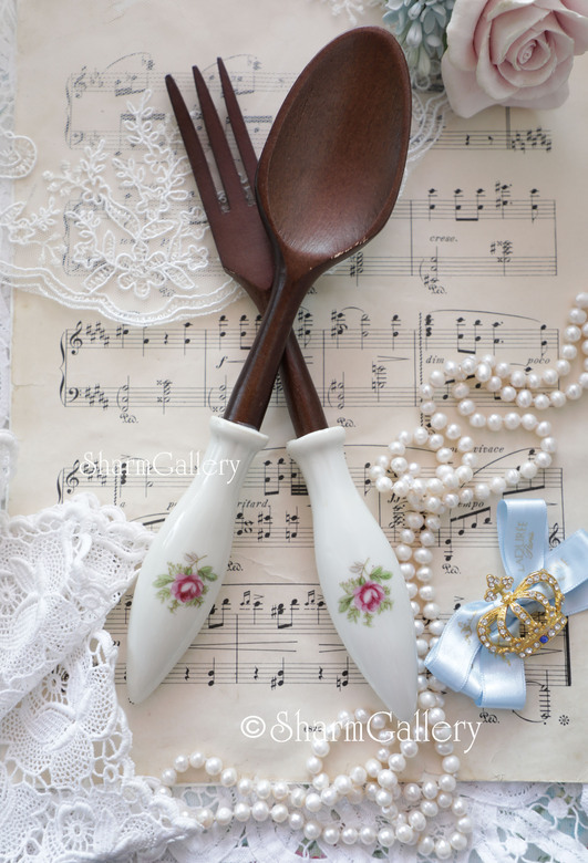 Набор для салата вилка и ложка. Винтаж. Дерево, фарфор, ГДР.