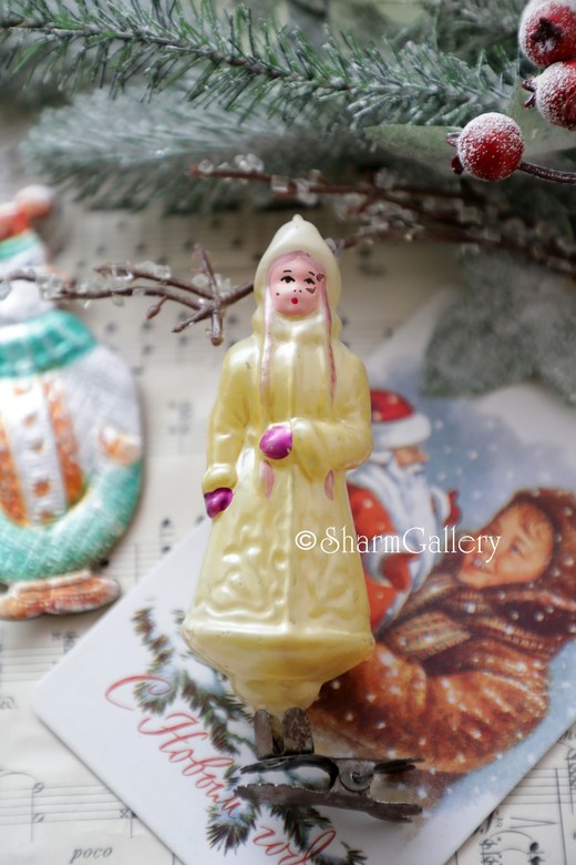 Снегурочка (редкий раскрас). Елочная игрушка, на прищепке, СССР.