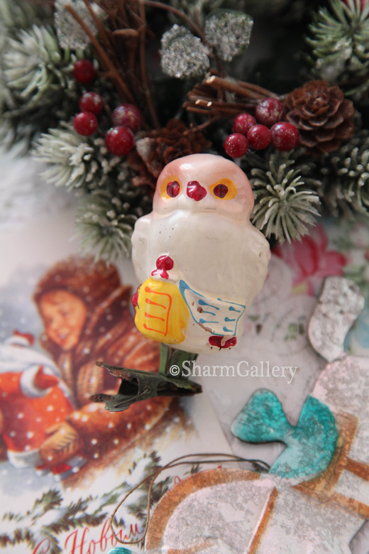 "Сова с микстурой", сказка «Айболит». Старинная елочная игрушка на прищепке.