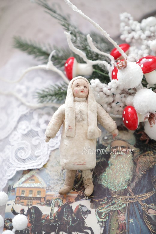 Антикварная елочная игрушка из ваты "Девочка Якутка". СССР