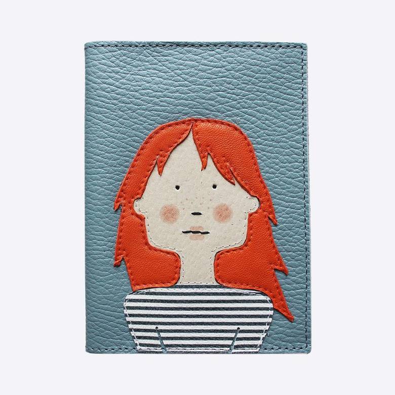 Обложка для паспорта РЫЖАЯ кожаная голубая - МК Чернила