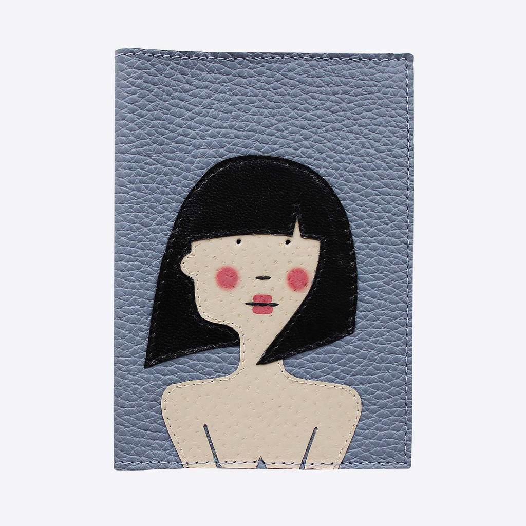 Обложка для паспорта БРЮНЕТКА кожаная синяя - МК Чернила