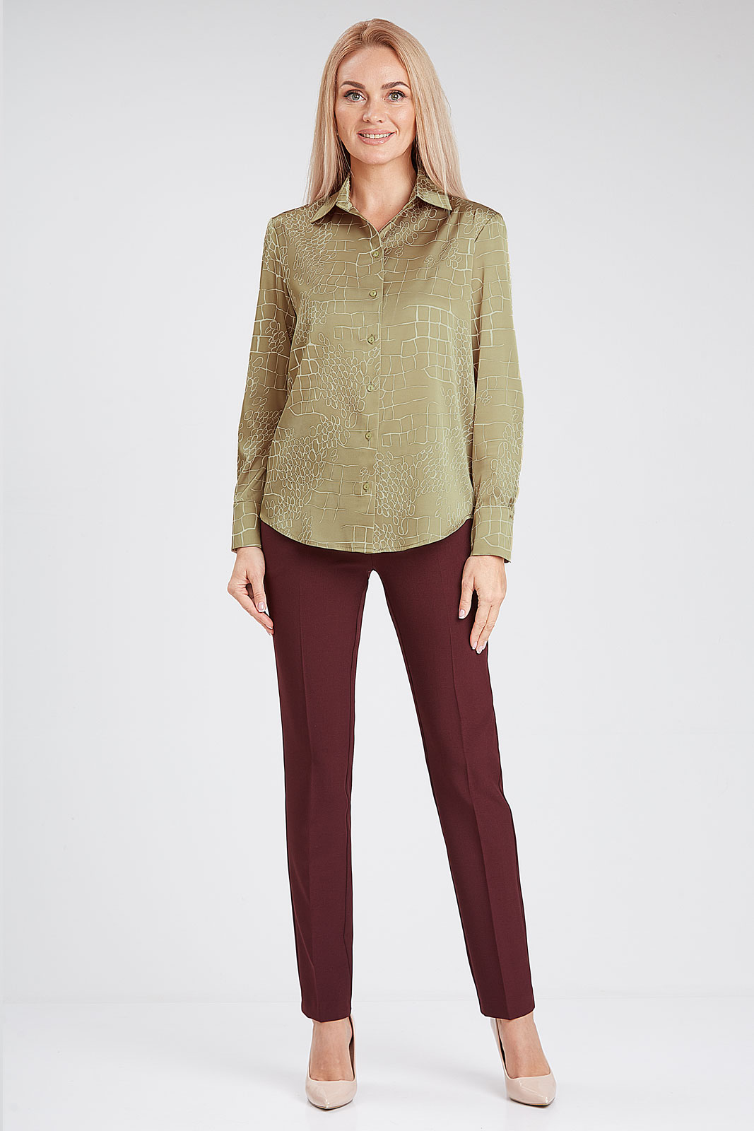 Блузка 416 принт камешки оливка 42-58