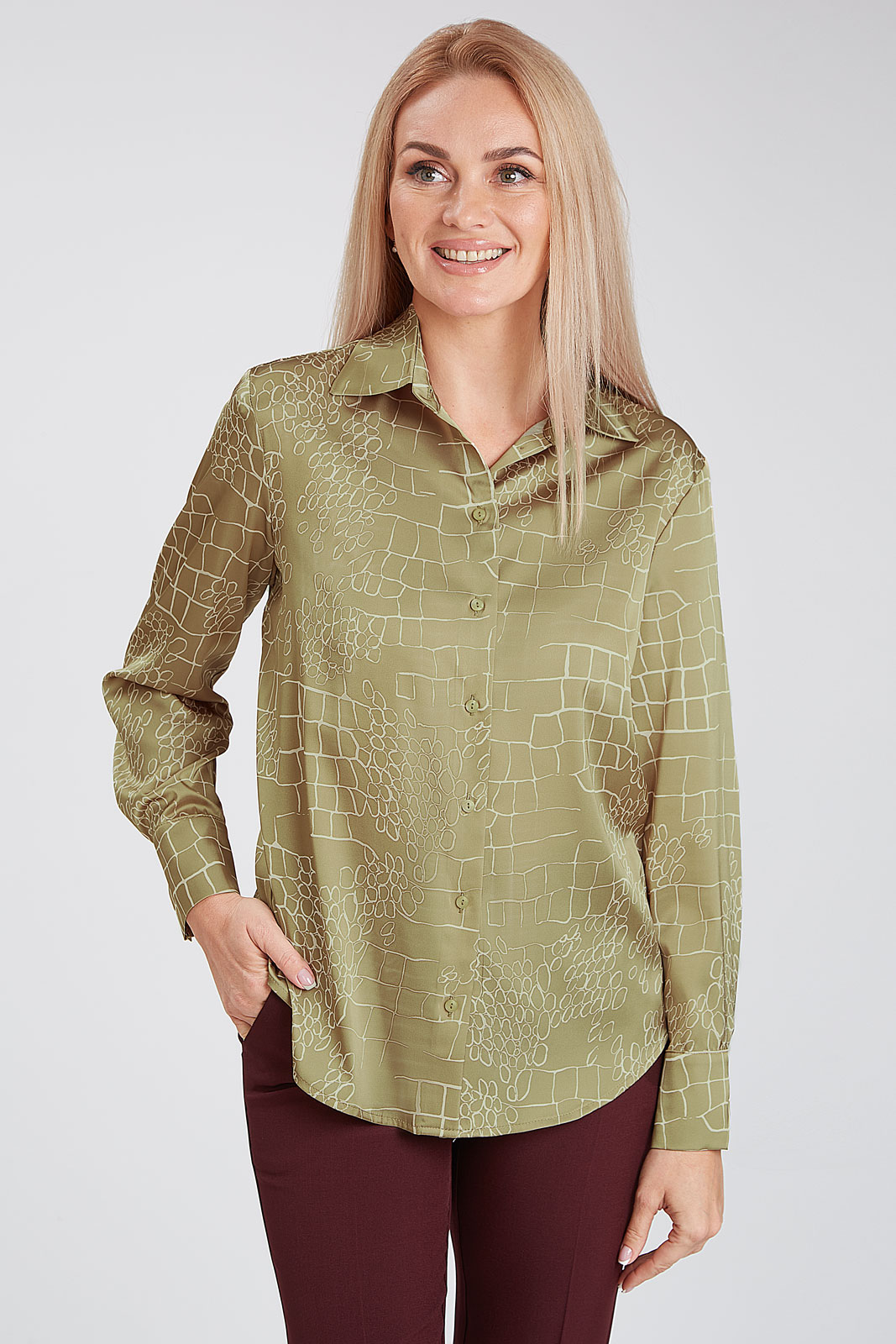 Блузка 416 принт камешки оливка 42-58