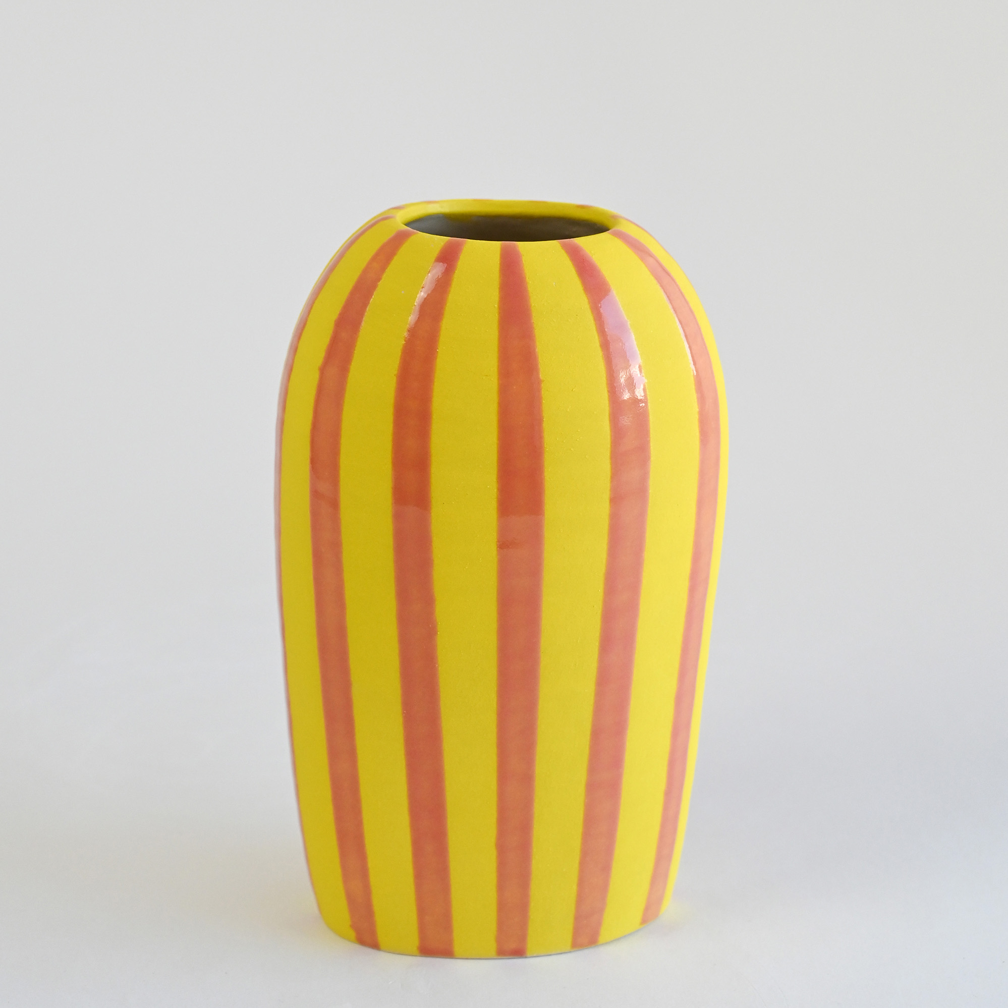 Handmade ceramic vase pink and yellow striped Portugal