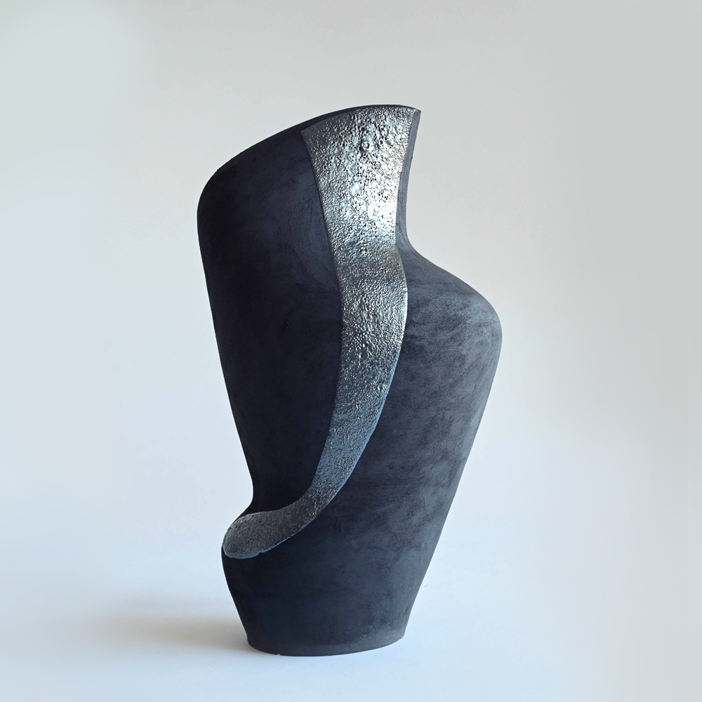 Handmade ceramic art object black and silver