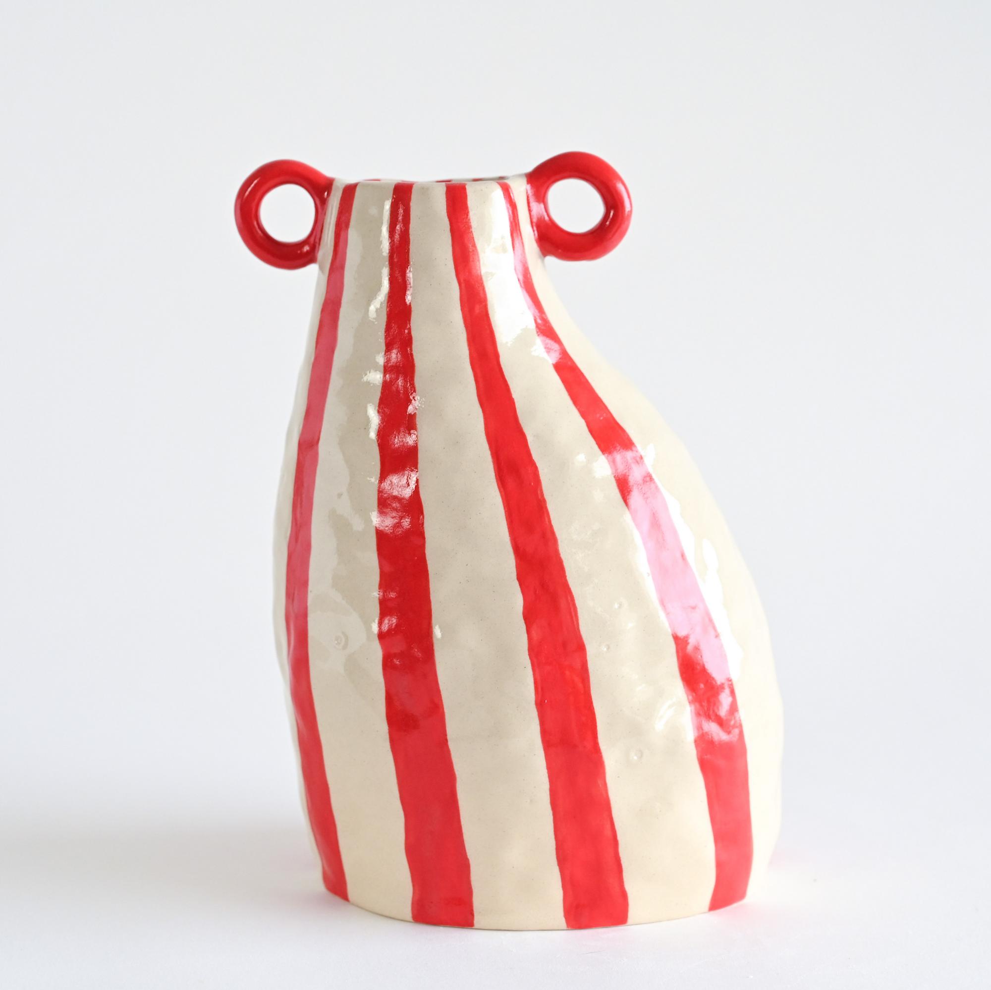 Handmade ceramic vase with white and red stripes