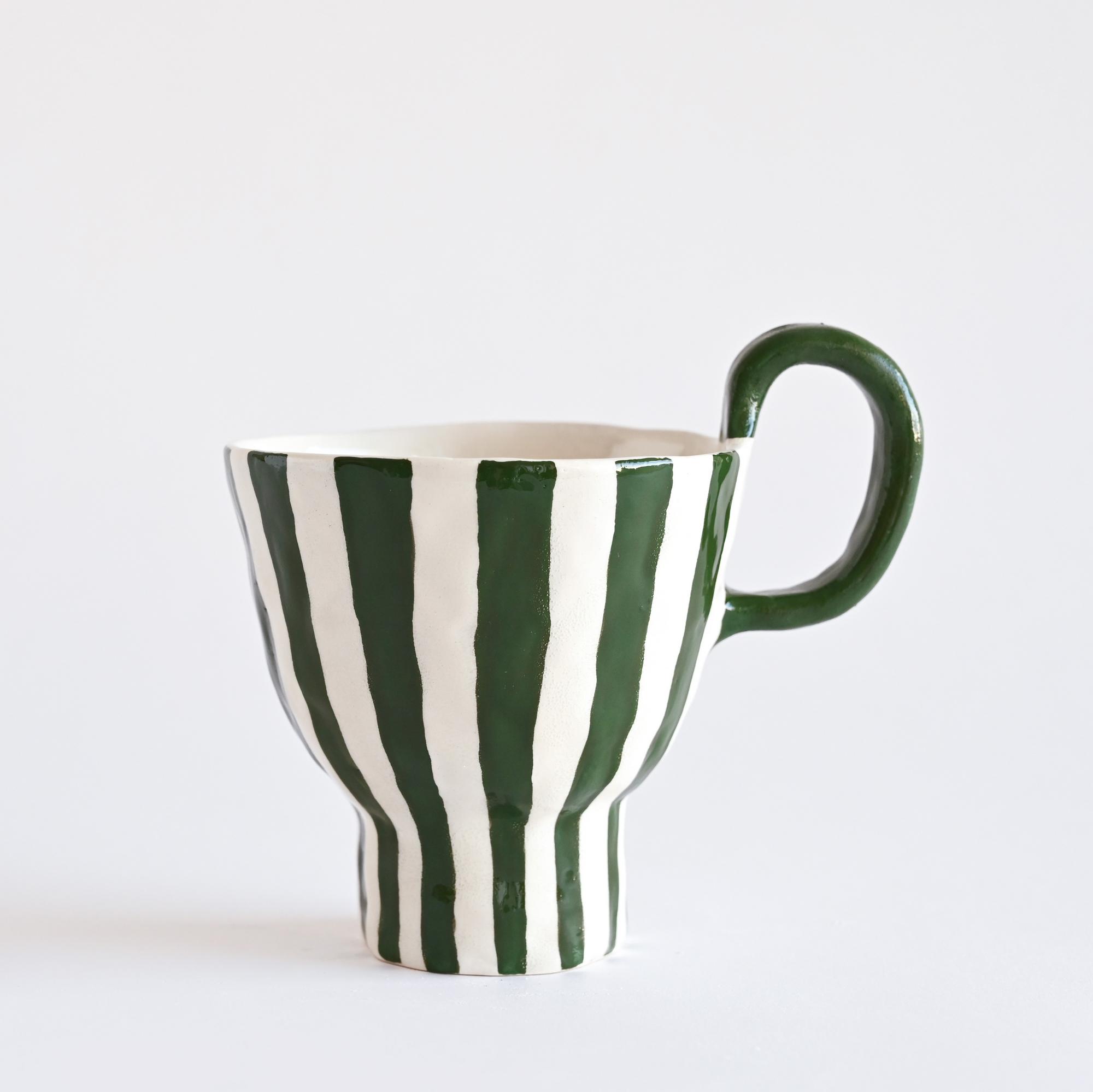 Christmas ceramic mug with green and white stripes