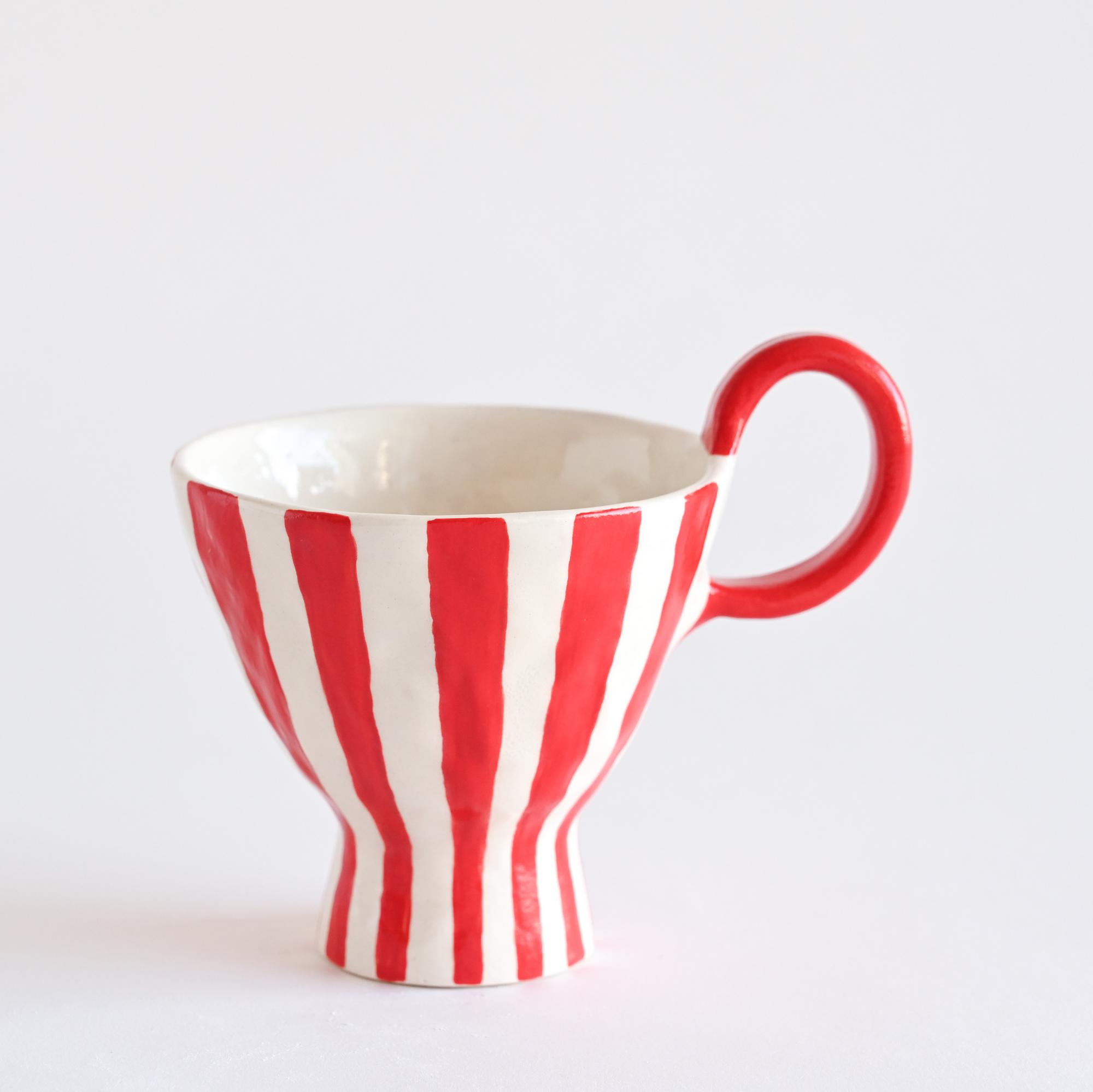 Christmas ceramic mug with red and white stripes