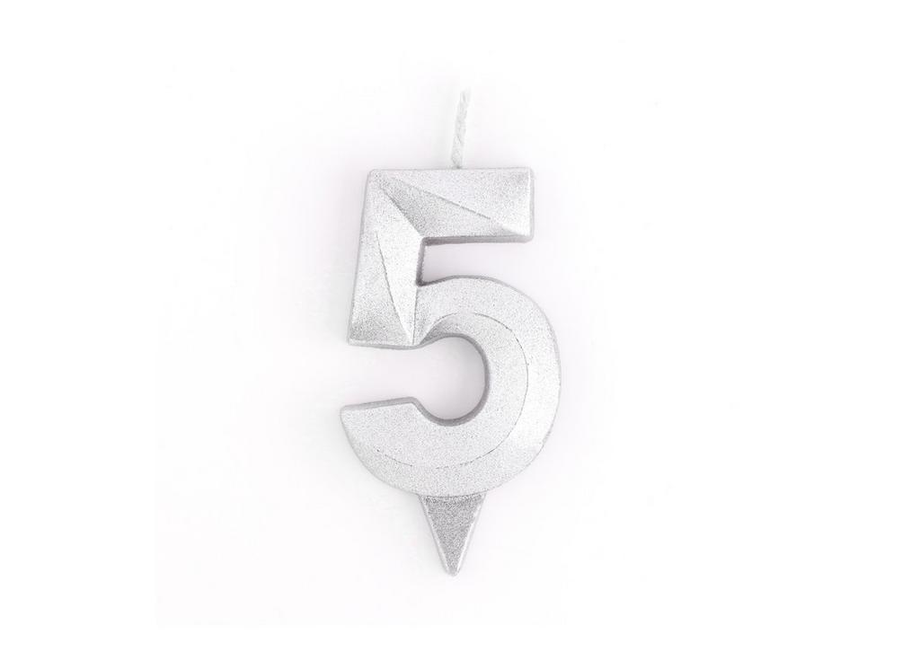 Свеча для торта "Грань" серебряный металлик, цифра 5, 7,8 см