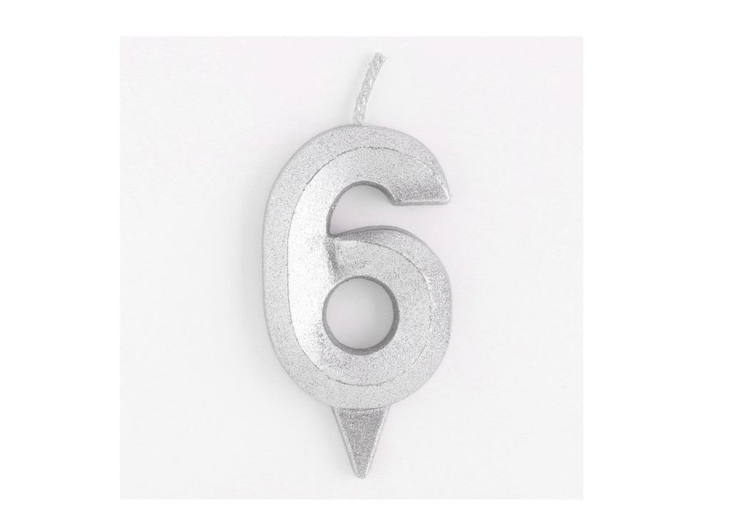 Свеча для торта "Грань" серебряный металлик, цифра 6, 7,8 см