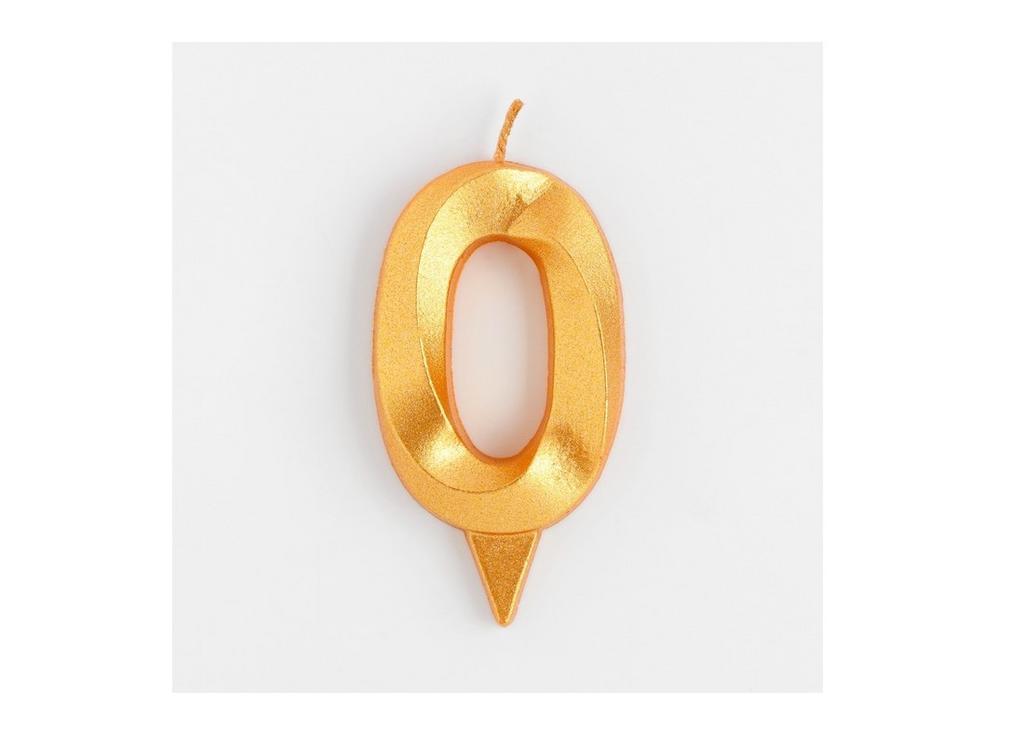 Свеча для торта "Грань" золотой металлик, цифра 0, 7,8 см
