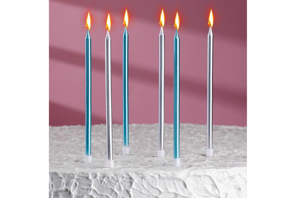 Свечи для торта Ройс серебряные и голубые, 6 шт, 13 см