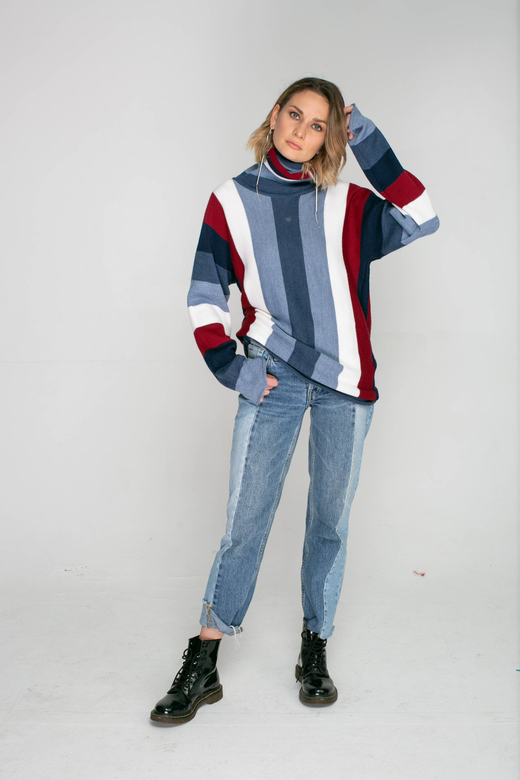 Свитер в полоску с горлом, цвет синий/бордо