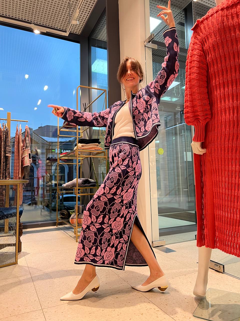 Костюм принт "цветы" : жакет + юбка, хлопок