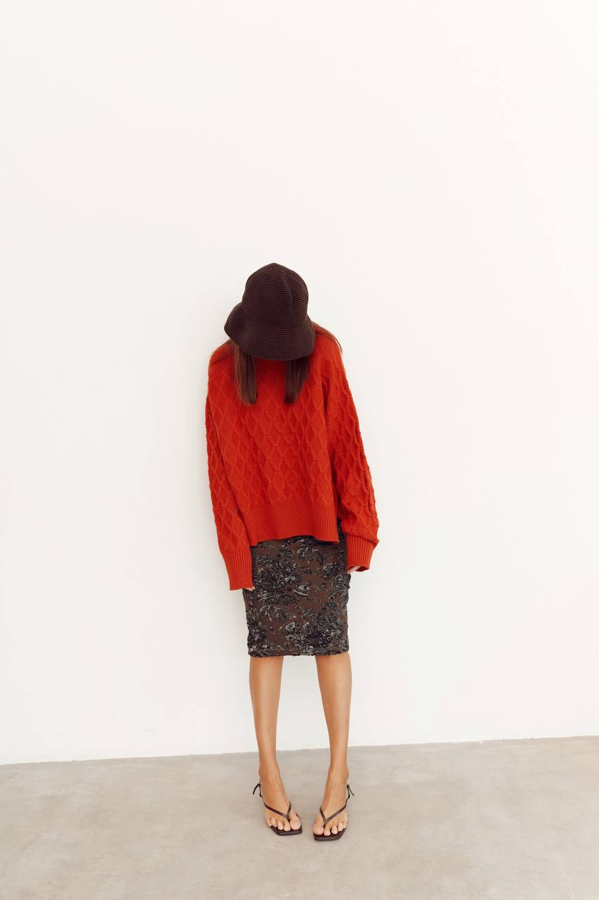 Свитер с объемными ромбами, цвет кирпичный