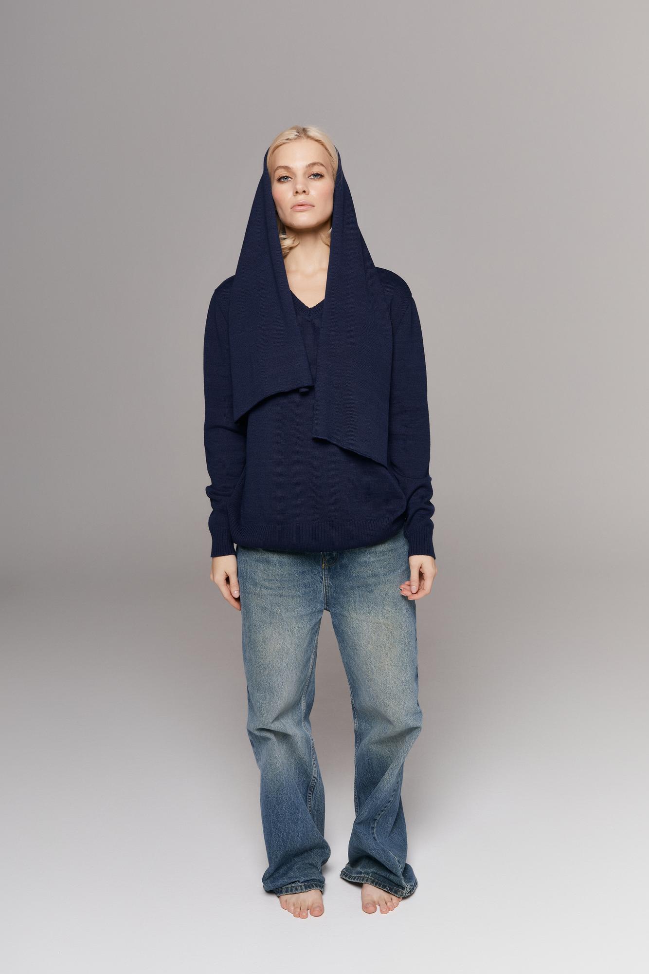 Свитер с декором на рукавах, глубокий синий