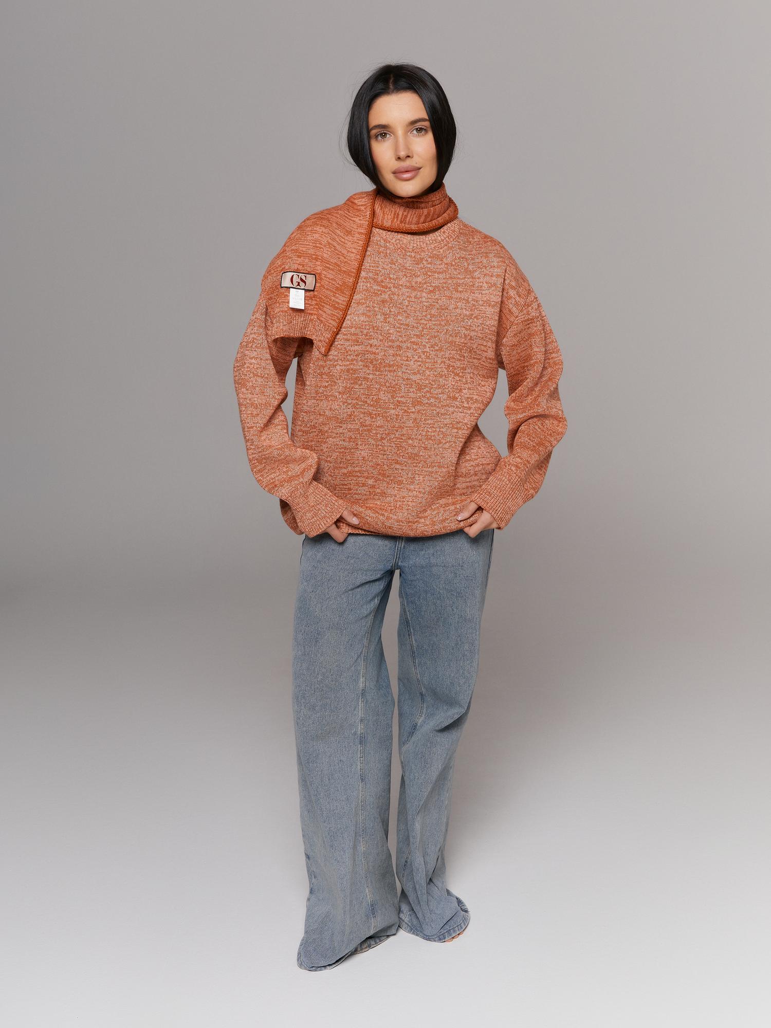 Свитер с шарфом, апельсиновый меланж