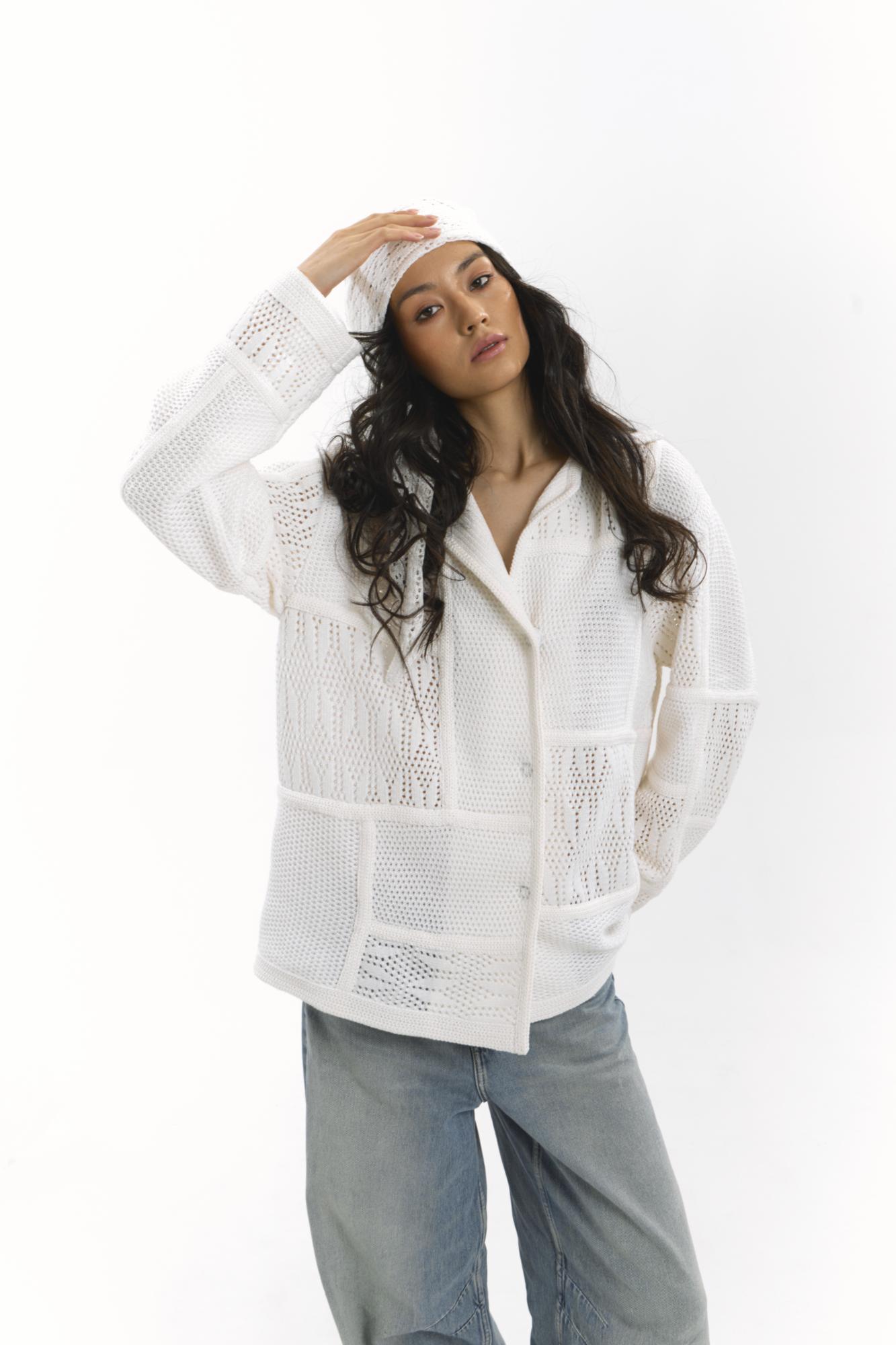 Кардиган "печворк", белый ажур