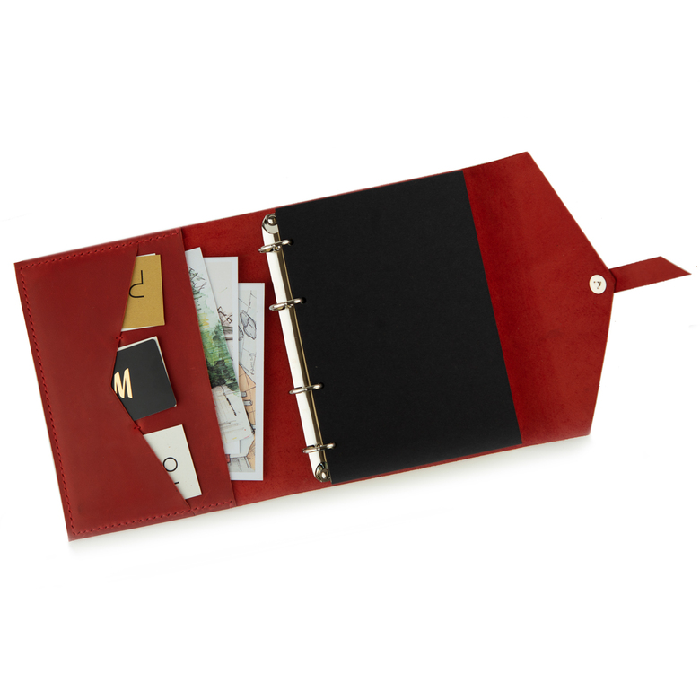 Кожаный блокнот на кольцах с удобным фальш-ремнём и магнитной кнопкой, карманом и уплотнёнными форзацами