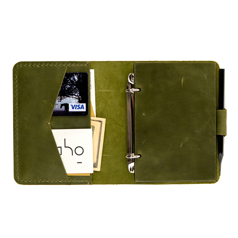 Кожаный блокнот А6 с карманами и сменным блоком на кольцах