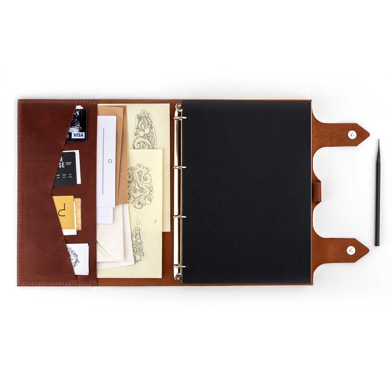 Кожаный блокнот А4 на магнитных кнопках c карманами для карт и бумаг